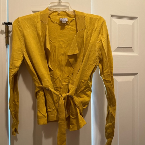 Yellow open front cardigan with tie waist, Worthington, size petite medium - Picture 1 of 2